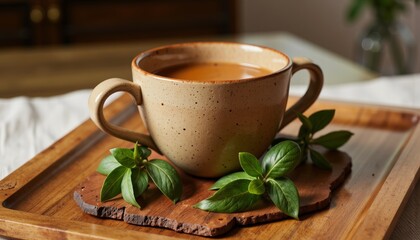 Homemade herbal tea in a rustic cup on a wooden tray with herbs  