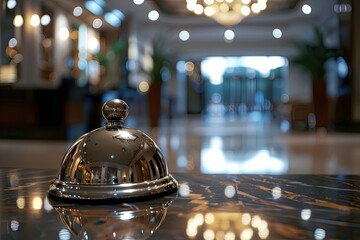 Ultra Quality Picture of Service Bell on Hotel Reception with Hotel Placard Background