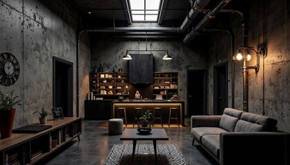 Modern industrial living room with concrete walls and cozy lighting  