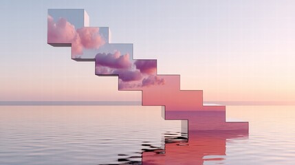 Abstract Stairs of Reflection in Soft Clouds and Calm Water