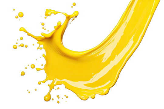 A bright yellow or orange liquid on a white background. The liquid forms a curved shape that flows from the top right to the bottom and then splashes to the left, producing small droplets. This looks 