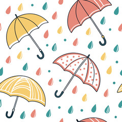 A fun and colorful seamless vector pattern featuring stylized umbrellas and falling raindrops. Great for monsoon-themed wrapping paper, fabric designs, or website backgrounds.