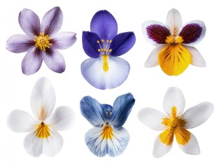 Fototapeta premium Purple flowers with veined petals, varieties showcasing botanical beauty and subtle hue differences isolated on white background