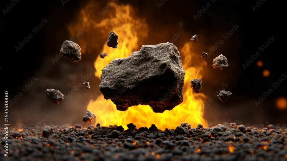Poster dramatic eruption of ash, rocks, and flames creating an intense and fiery background for dynamic vis