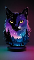 Mystical Black Cat Portrait Blending into Vibrant Night Sky with Forest Silhouette – Hyper-Realistic Fantasy Art