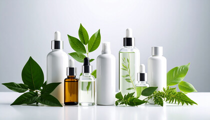 Cosmetic Bottles with Green Herbal Leaves and Scientific Glassware for Natural Skincare Product Concept