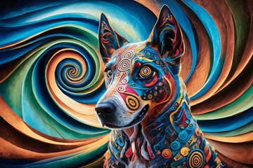 Vibrant Abstract Dog Art with Spiral Eye – Modern Whimsical Contemporary Painting
