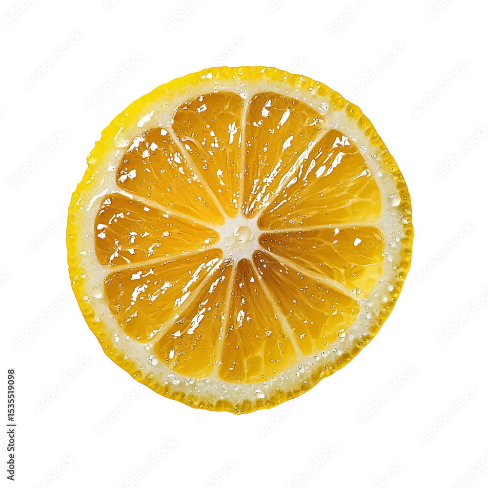 Poster fresh lemon slice with bubbles on transparency background, showcasing vibrant yellow color and juicy