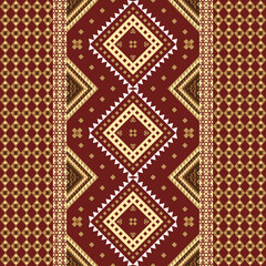 Traditional ethnic pattern with ornate diamond medallions in rich burgundy and gold. Intricate geometric tribal design ideal for luxury textiles, crafts and cultural decor.