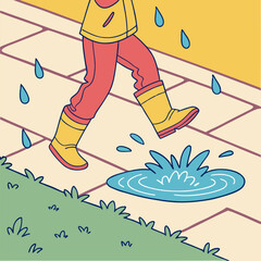 Bright and colorful flat vector illustration of an indistinct child (viewed from behind) joyfully jumping in a rain puddle, wearing rain boots. Perfect for children's books or monsoon joy.