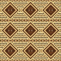 Traditional ethnic pattern with diamond motifs on dotted gold background. Classic tribal geometric design ideal for textiles, crafts and authentic cultural decor.