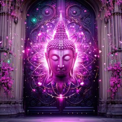 Mystical Buddha Doorway Surrounded by Vibrant Floral Designs
