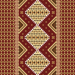 This rich, intricate textile, reminiscent of Southeast Asian songket, features gold geometric diamonds on a deep maroon background. Its symmetrical, luxurious design reflects cultural heritage.