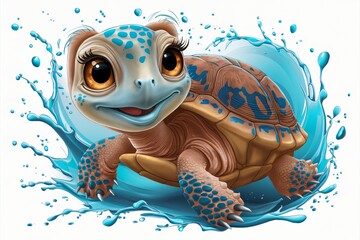 Playful Baby Turtle with Expressive Orange Eyes Swimming in Blue Water – Cute AI Illustration