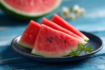 Watermelon slices on a plate showing the red fruit and green rind with a blue wood background