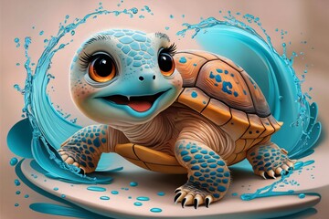 Playful Baby Turtle with Expressive Orange Eyes Swimming in Blue Water – Cute AI Illustration