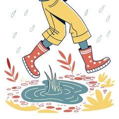 Bright and colorful flat vector illustration of an indistinct child (viewed from behind) joyfully jumping in a rain puddle, wearing rain boots. Perfect for children's books or monsoon joy.