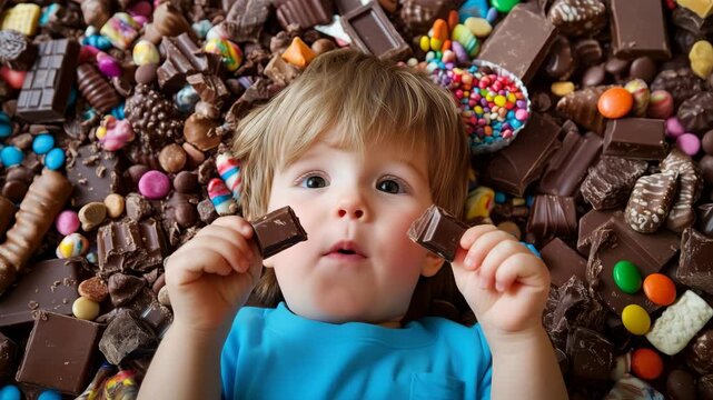 Adorable child enjoying chocolate with sweets on colorful candy background