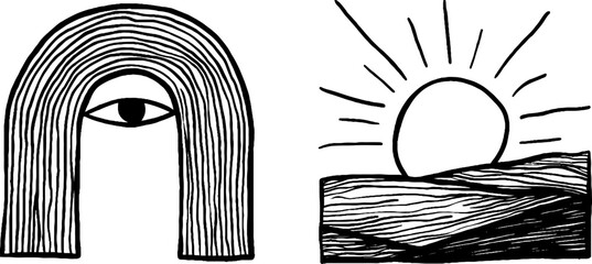 Minimalist line art collection featuring sunrise arc and geometric eye designs for creative projects