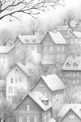 Serene Winter Village Scene with Snow-Covered Houses and Trees