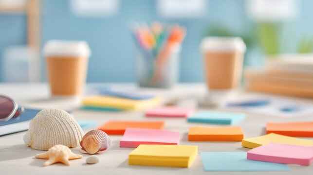 summer celebration A bright and cheerful desk scene featu colorful sticky notes, seas, and refreshing drinks, creating a relaxing and inspi work environment near the sea.
