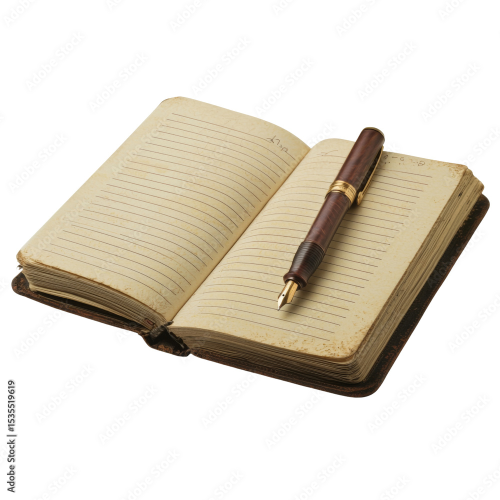 Poster open notebook with blank pages and fountain pen resting on it, inviting creativity and thoughts. per