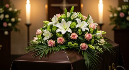 Floral Arrangement on Covered Casket with Lit Candles and Cross