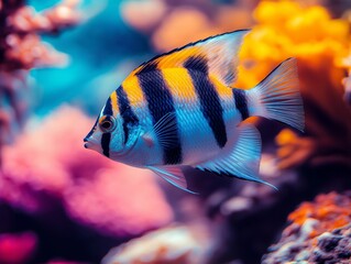 Beautiful aquarium fish swimming gracefully in clear water, close-up, tropical and colorful.