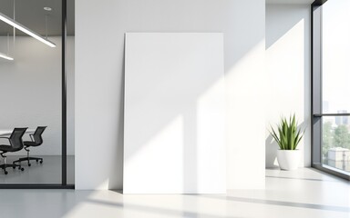 Blank poster mockup on white wall in modern office with glass meeting room and minimalist furniture in bright layout, 3D rendering. High quality