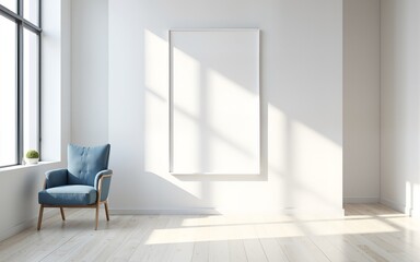 Obraz premium Blank poster mockup on white wall in modern office interior with glass meeting room and minimalist furniture in bright clean layout concept. 3D Rendering,. High quality