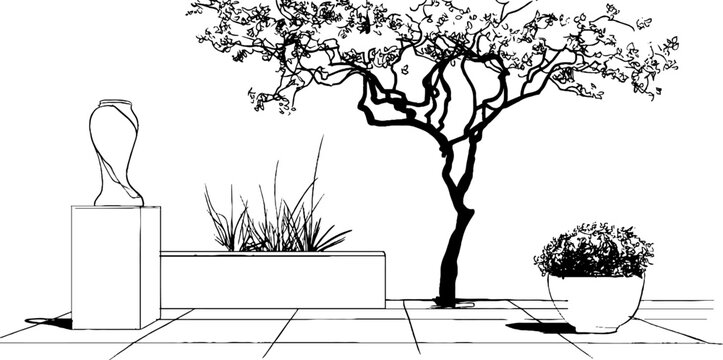 Minimalist line art of tiled courtyard with sculptural vase and tree for modern design projects