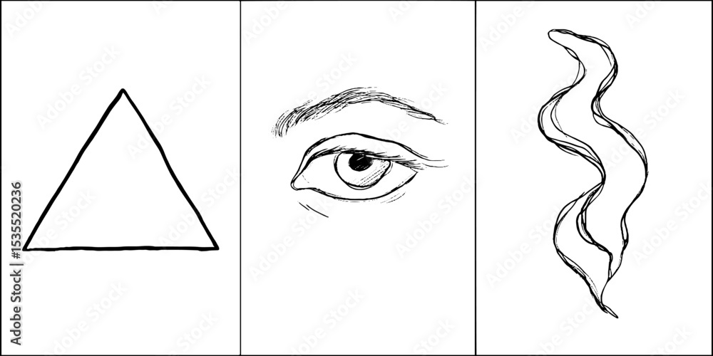 Poster minimalist line art set featuring triangle, eye, and abstract curves for modern design projects