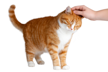 Affectionate tabby cat with orange and white fur enjoying head petting on white background