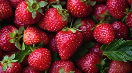 Fresh Strawberries: Juicy, ripe strawberries with vibrant red color and green leaves, creating a tempting and delicious image perfect for food blogs, recipes, and culinary websites. 