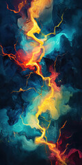 Fototapeta premium Abstract vibrant lightning storm with fiery orange yellow blue and black smoky clouds creating energetic dynamic composition for digital art design