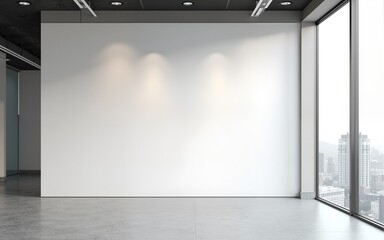 Blank wall mockup in bright corporate office with modern meeting room and city view through large windows, ideal for business presentation design. High quality