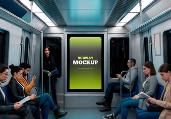 Billboard Mockup in Subway with Seated Passengers 