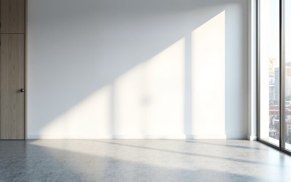 Blank wall mockup in bright corporate office with modern meeting room and city view through large windows, ideal for business presentation design. High quality - Powered by Adobe