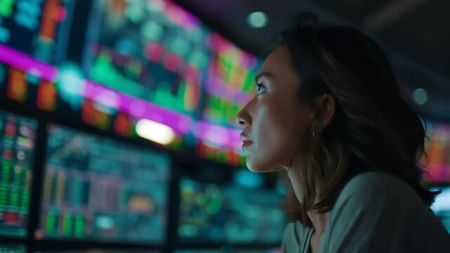 Focused analyst monitors dynamic data on vibrant trading screens in hightech environment