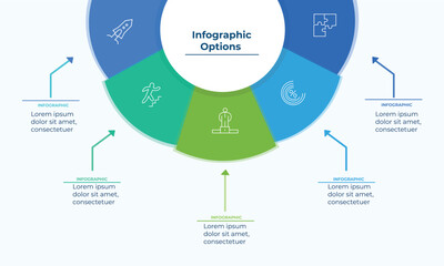 circular infographic with six segments and outline icons. Each section is connected to text fields below using arrow lines. Ideal for business presentations, statistics, strategies, and workflow visua