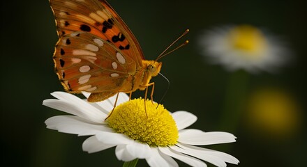 Obraz premium Fritillary Butterfly on Chamomile – Macro Shot