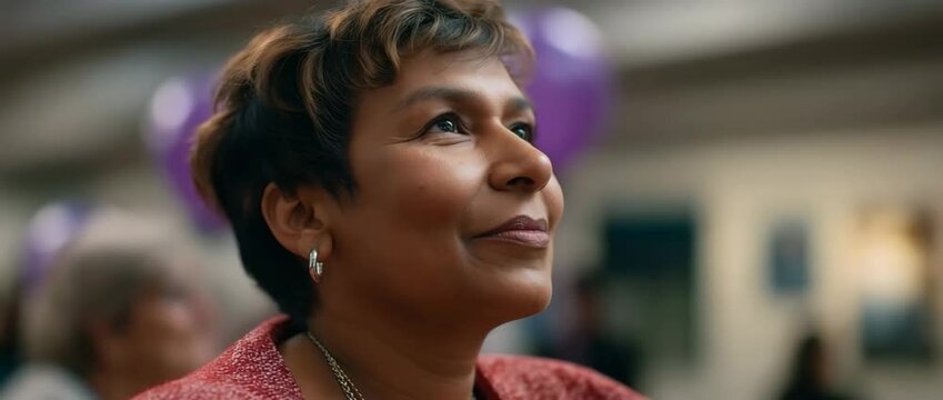 Thoughtful woman gazing upward at an indoor event surrounded by blurred people