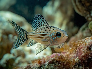 Beautiful aquarium fish swimming gracefully in clear water, close-up, tropical and colorful.
