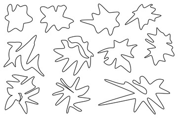 Coloring page with outline drawing of set abstract paint splashes of different shapes. Artistic elements for school creativity. For entertaining kids activity, back to school black and white design.