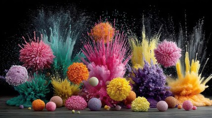 Vibrant Color Explosion with Flour and Paint in Dark Background