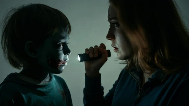 Dramatic faceoff in darkened room: woman with flashlight confronting child in profile view