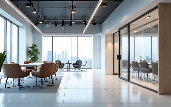 Modern open-plan office interior with sleek design, contemporary furniture, and glass meeting room in a clean, minimal corporate setting. 3D Rendering. High quality