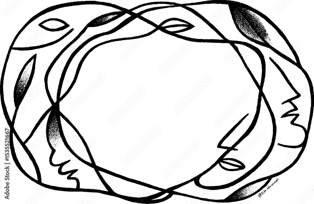 Poster intricate line art circle with entangled vines and abstract faces for creative design projects