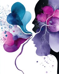 Abstract watercolor art depicting two faces merging with colors