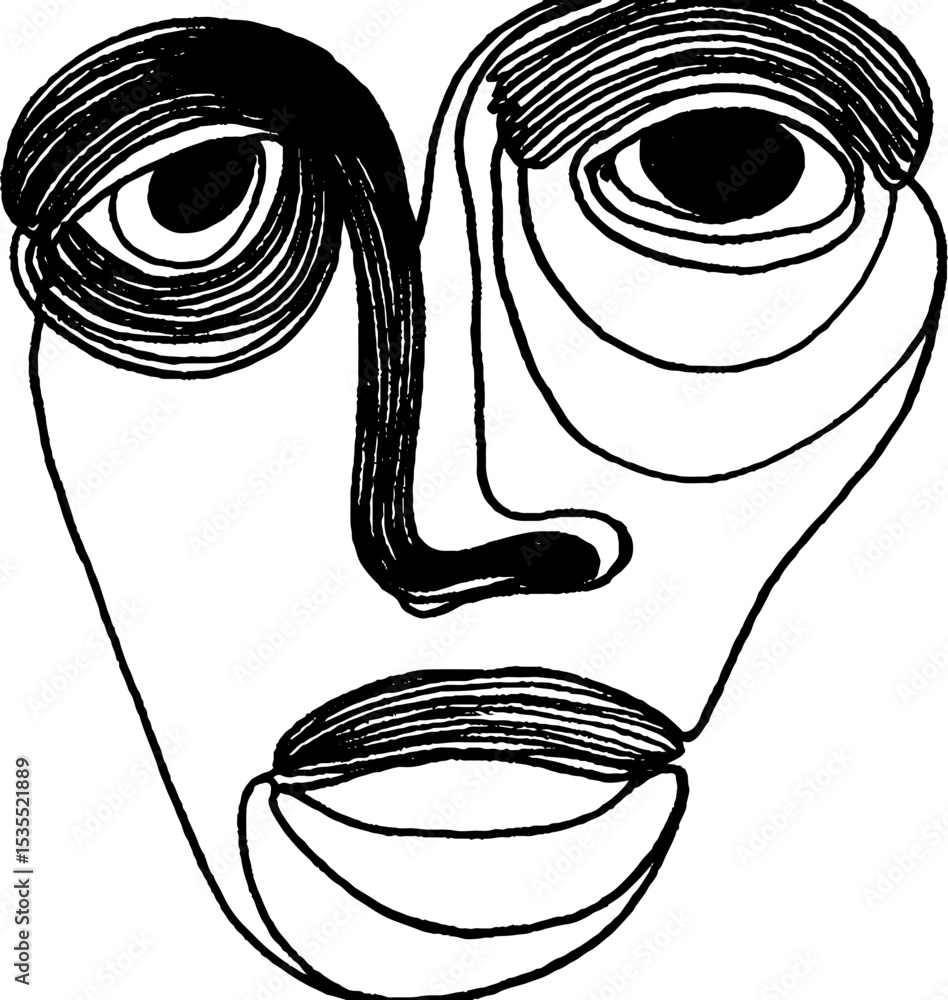 Poster abstract face line art with fragmented concentric rings for modern design